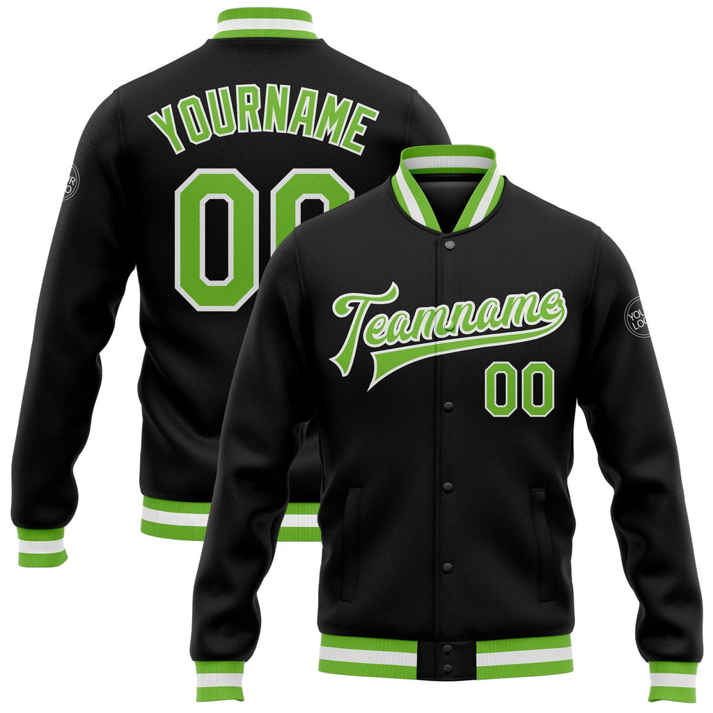 Custom Black Neon Green-White Bomber Full-Snap Varsity Letterman Jacket photo 1