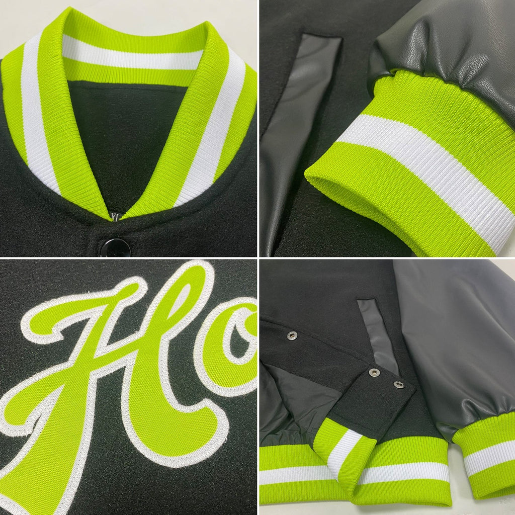 Custom Black Neon Green-White Bomber Full-Snap Varsity Letterman Jacket photo 4