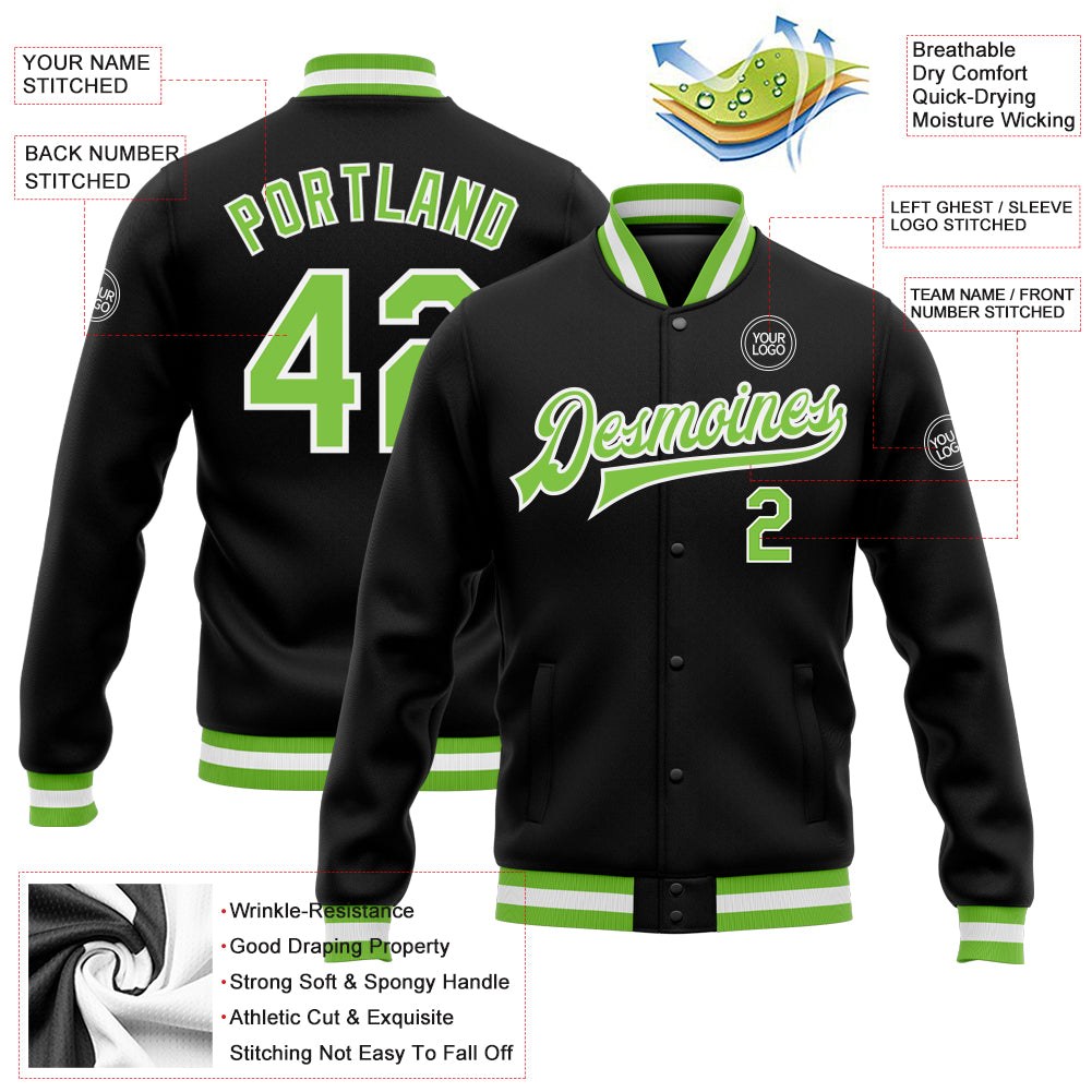 Custom Black Neon Green-White Bomber Full-Snap Varsity Letterman Jacket photo 5