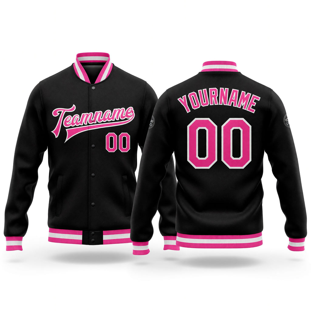 Custom Black Pink-White Bomber Full-Snap Varsity Letterman Jacket