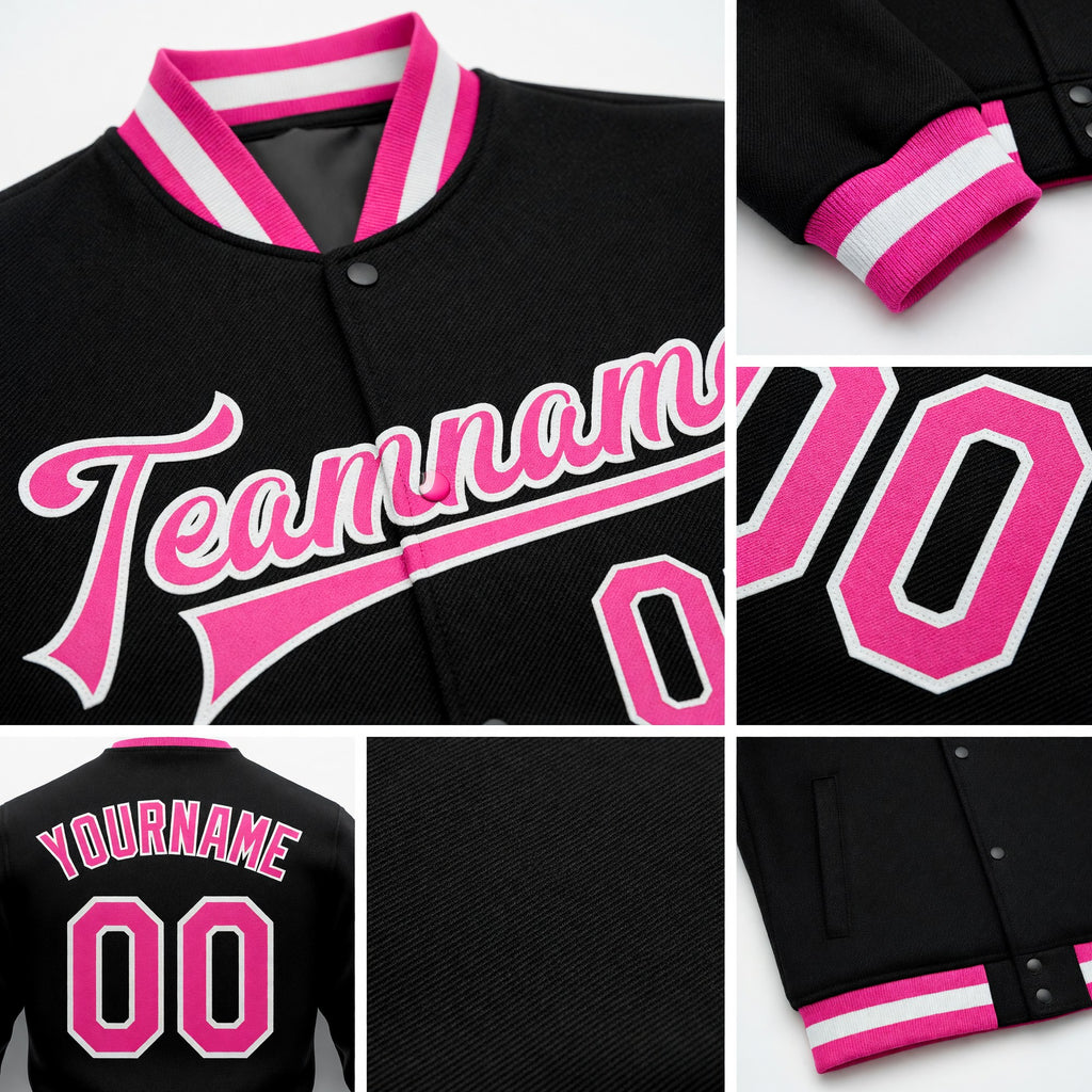 Custom Black Pink-White Bomber Full-Snap Varsity Letterman Jacket detail