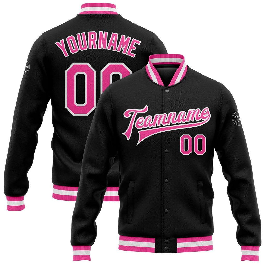 Custom Black Pink-White Bomber Full-Snap Varsity Letterman Jacket photo 1