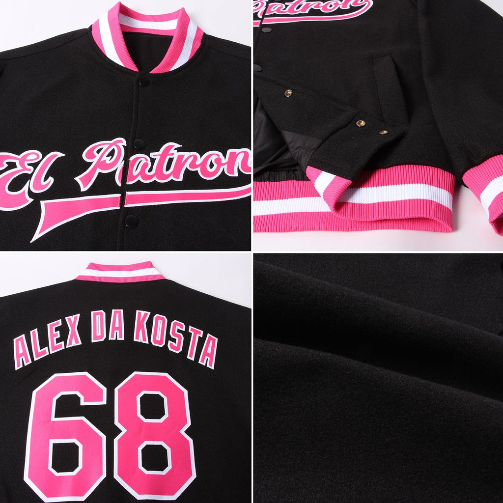 Custom Black Pink-White Bomber Full-Snap Varsity Letterman Jacket photo 4