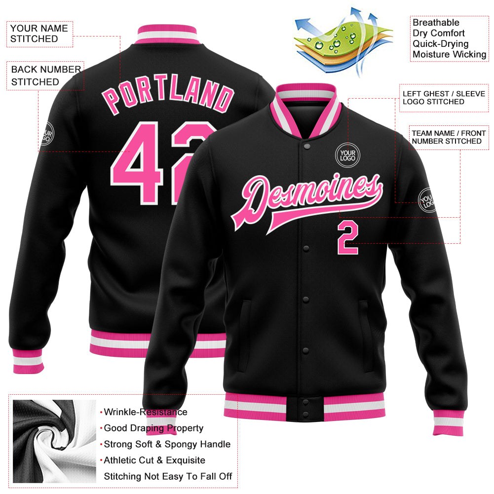 Custom Black Pink-White Bomber Full-Snap Varsity Letterman Jacket photo 5