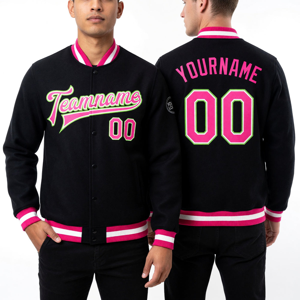 Custom Black Pink-Neon Green Bomber Full-Snap Varsity Letterman Jacket worn front and back