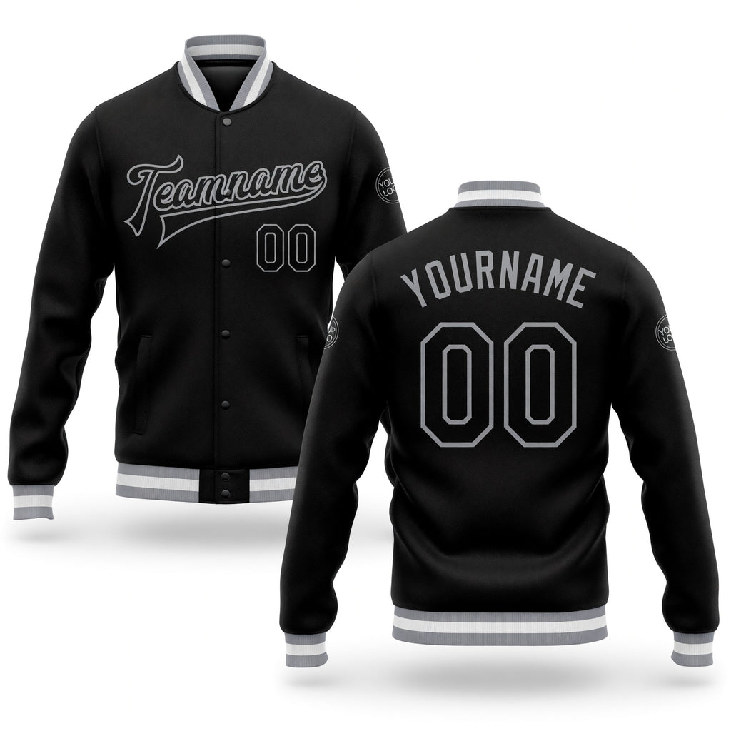 Custom Black Black-Gray Bomber Full-Snap Varsity Letterman Jacket