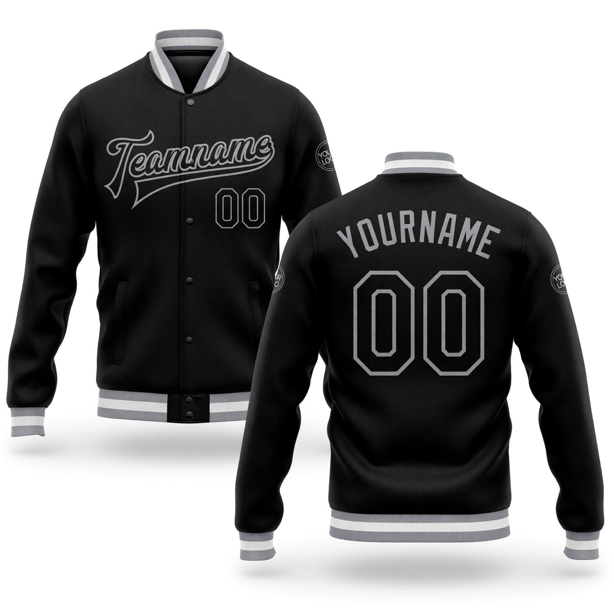 Custom Black Black-Gray Bomber Full-Snap Varsity Letterman Jacket