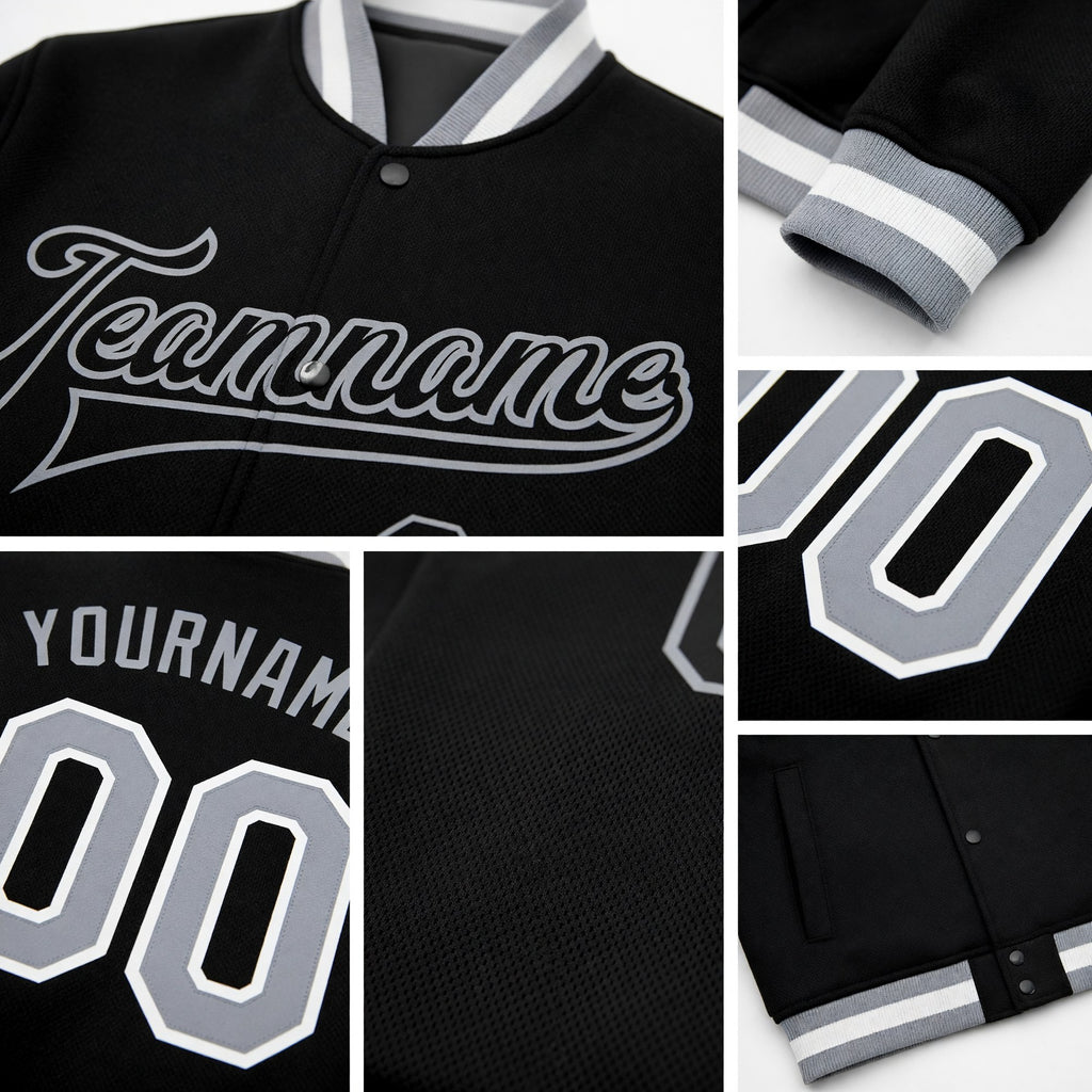 Custom Black Black-Gray Bomber Full-Snap Varsity Letterman Jacket detail