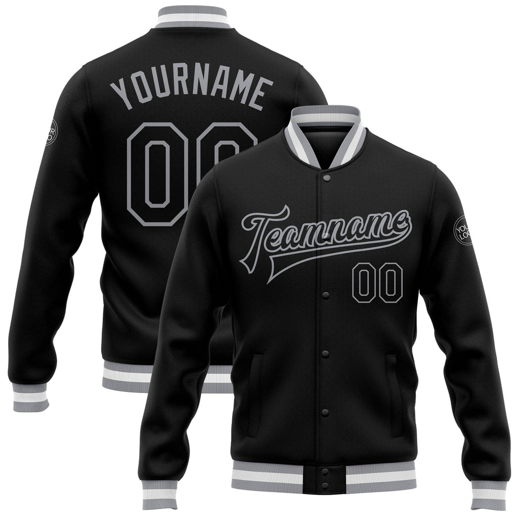 Custom Black Black-Gray Bomber Full-Snap Varsity Letterman Jacket photo 1