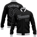 Custom Black Black-Gray Bomber Full-Snap Varsity Letterman Jacket photo 1