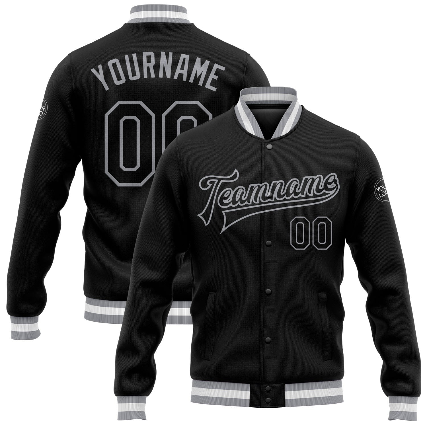 Custom Black Black-Gray Bomber Full-Snap Varsity Letterman Jacket photo 1