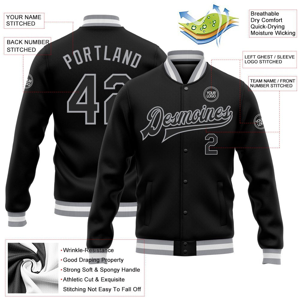 Custom Black Black-Gray Bomber Full-Snap Varsity Letterman Jacket photo 5