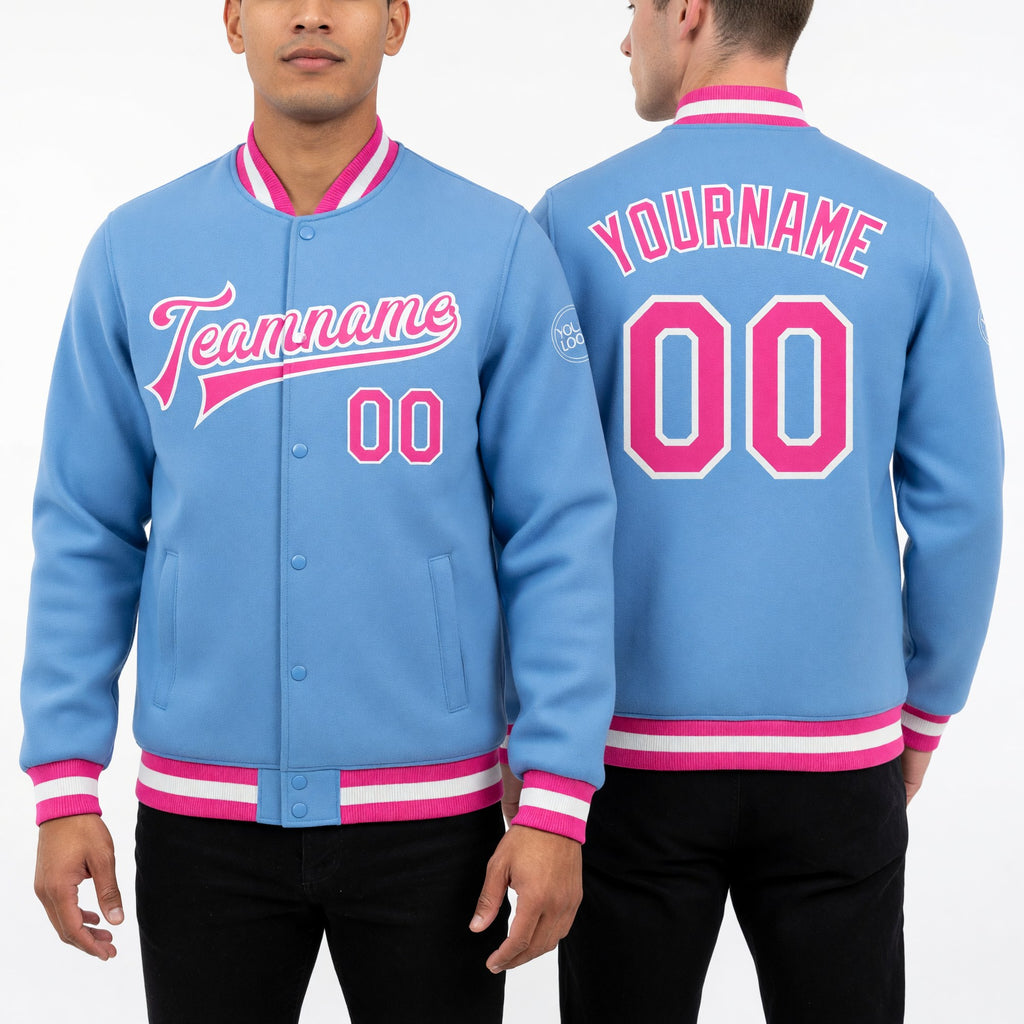 Custom Light Blue Pink-White Bomber Full-Snap Varsity Letterman Jacket worn front and back