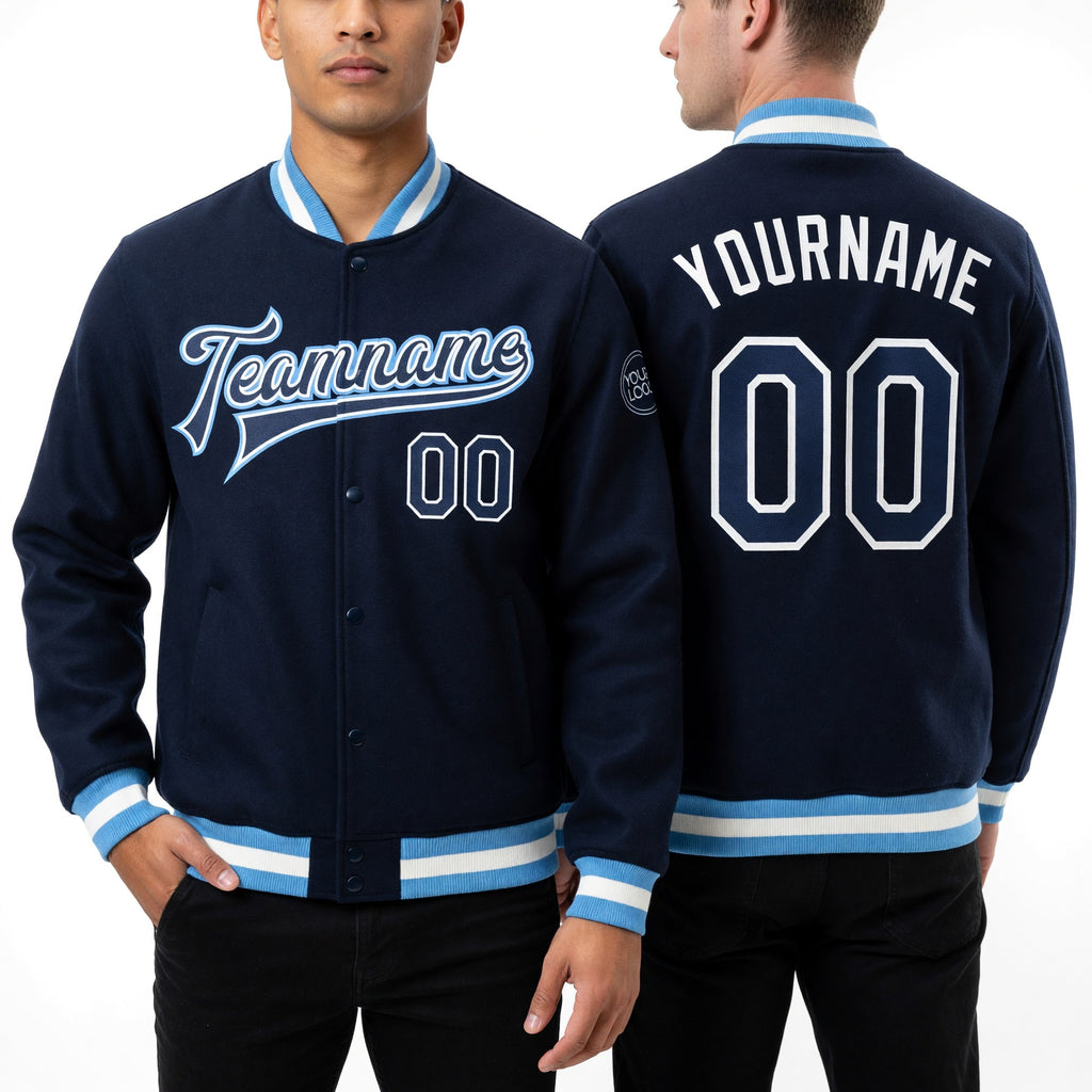 Custom Navy Navy-Light Blue Bomber Full-Snap Varsity Letterman Jacket worn front and back
