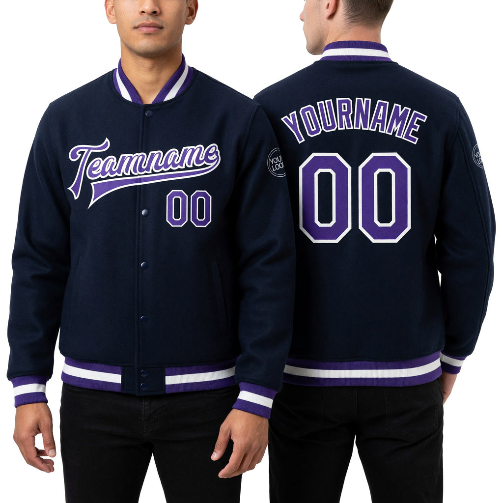 Custom Navy Purple-White Bomber Full-Snap Varsity Letterman Jacket worn front and back
