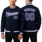Custom Navy Purple-White Bomber Full-Snap Varsity Letterman Jacket worn front and back