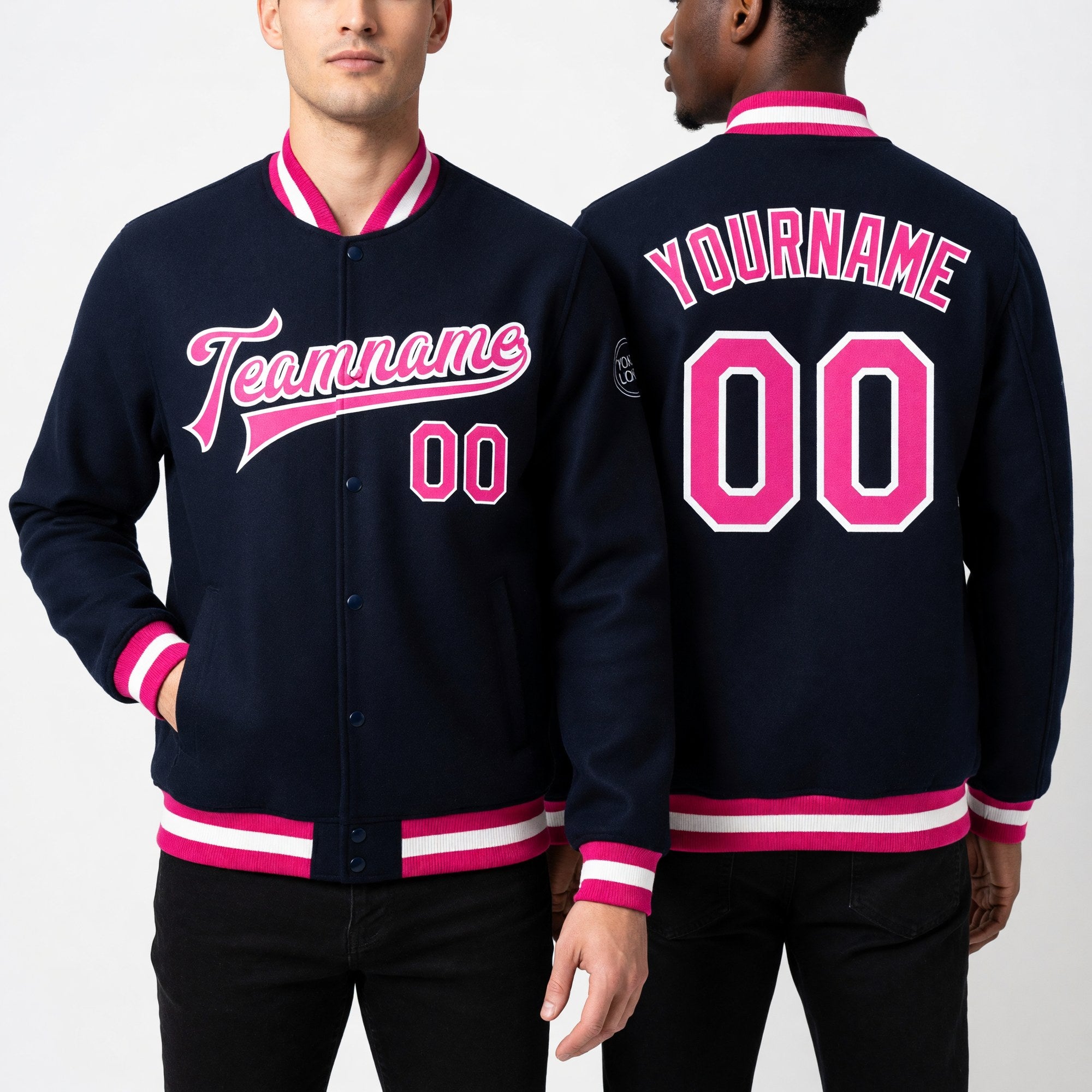 Custom Navy Pink-White Bomber Full-Snap Varsity Letterman Jacket worn front and back