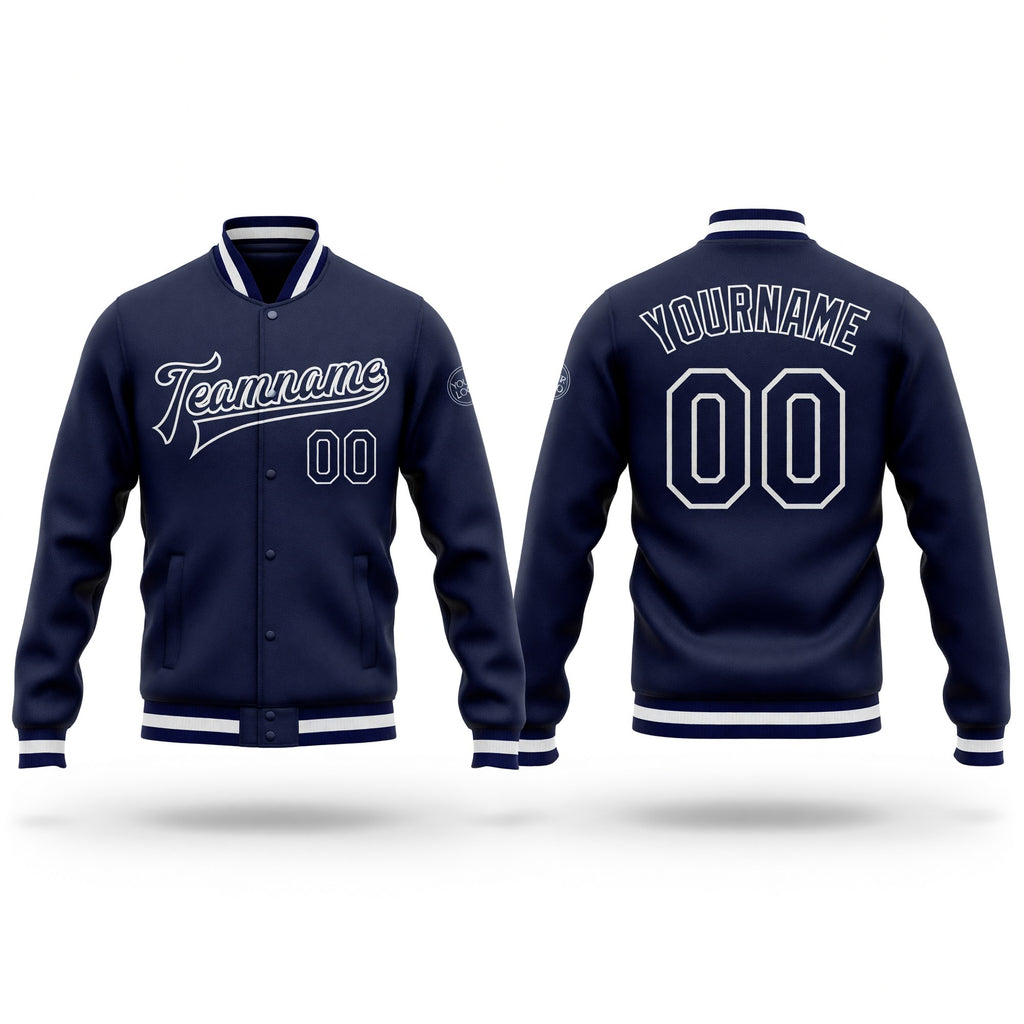 Custom Navy Navy-White Bomber Full-Snap Varsity Letterman Jacket