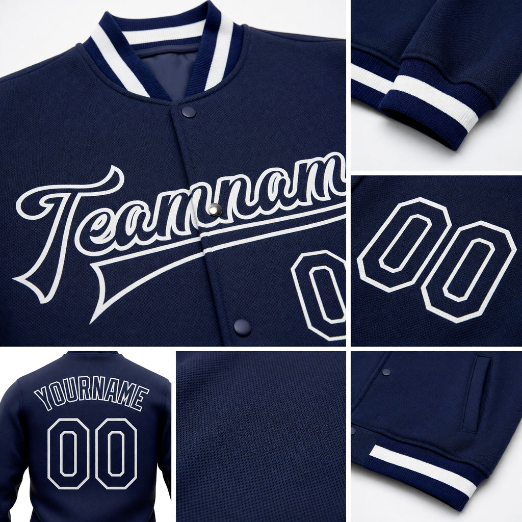 Custom Navy Navy-White Bomber Full-Snap Varsity Letterman Jacket detail