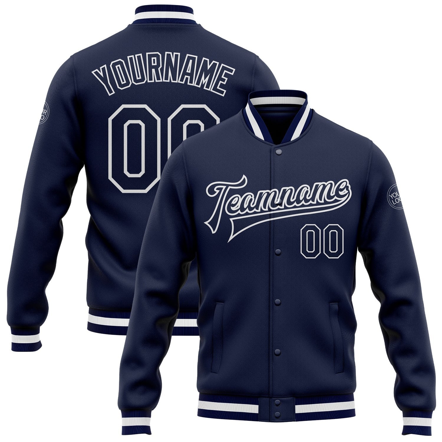 Custom Navy Navy-White Bomber Full-Snap Varsity Letterman Jacket photo 1