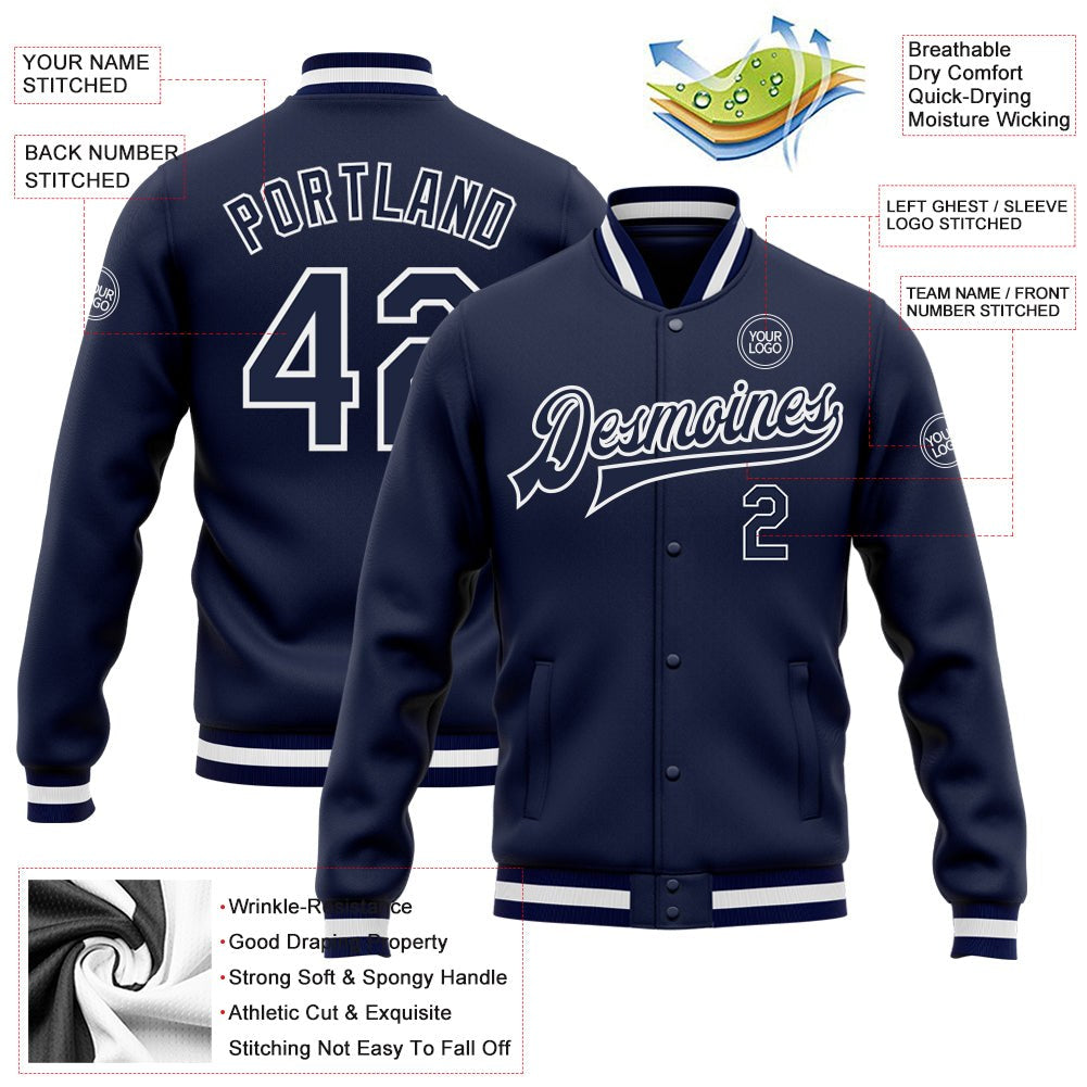 Custom Navy Navy-White Bomber Full-Snap Varsity Letterman Jacket photo 5