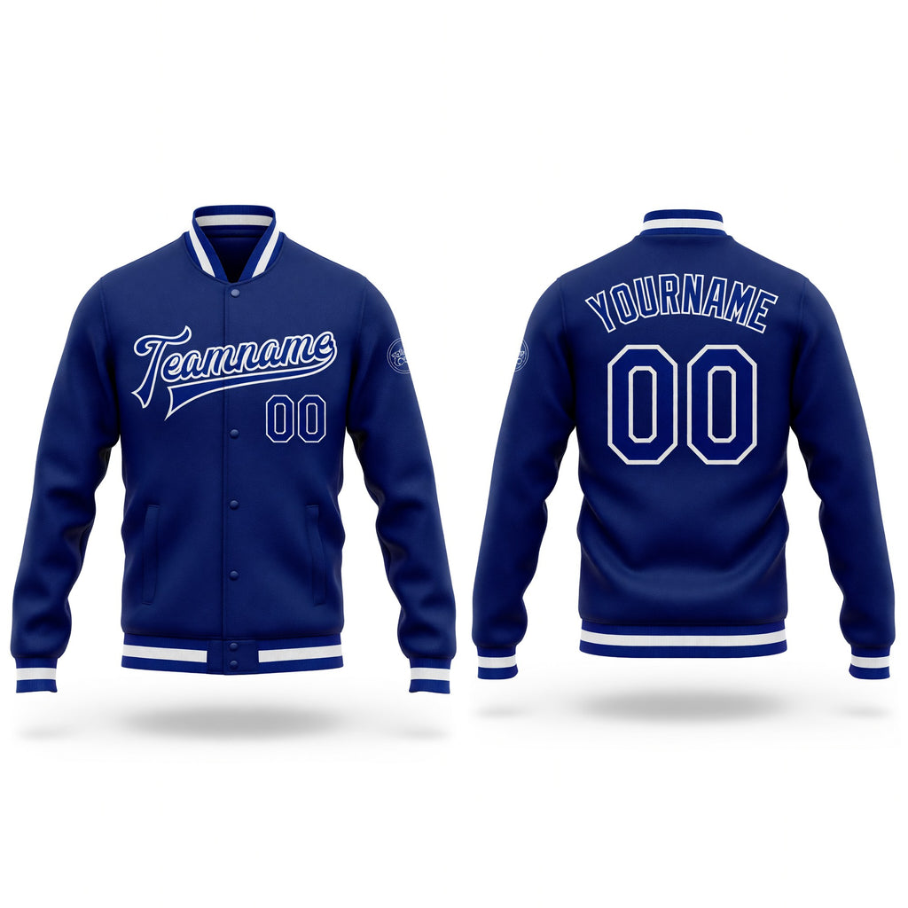 Custom Royal Royal-White Bomber Full-Snap Varsity Letterman Jacket