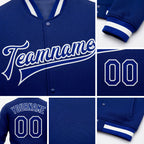 Custom Royal Royal-White Bomber Full-Snap Varsity Letterman Jacket detail