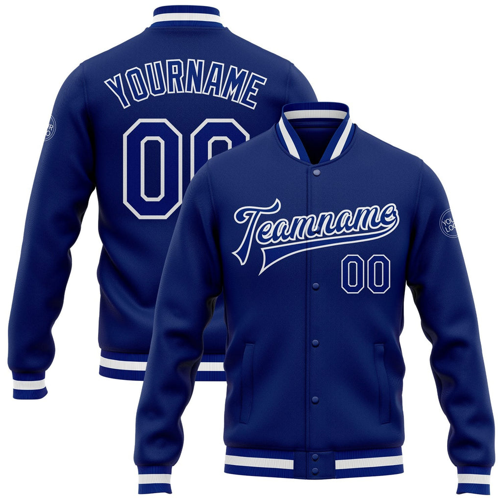 Custom Royal Royal-White Bomber Full-Snap Varsity Letterman Jacket photo 1