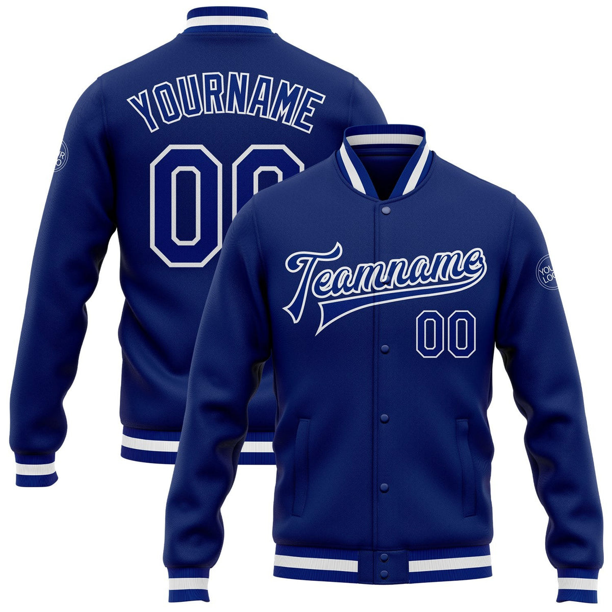 Custom Royal Royal-White Bomber Full-Snap Varsity Letterman Jacket photo 1