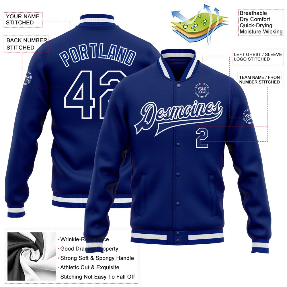 Custom Royal Royal-White Bomber Full-Snap Varsity Letterman Jacket photo 5