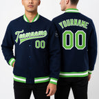 Custom Royal Neon Green-White Bomber Full-Snap Varsity Letterman Jacket worn front and back