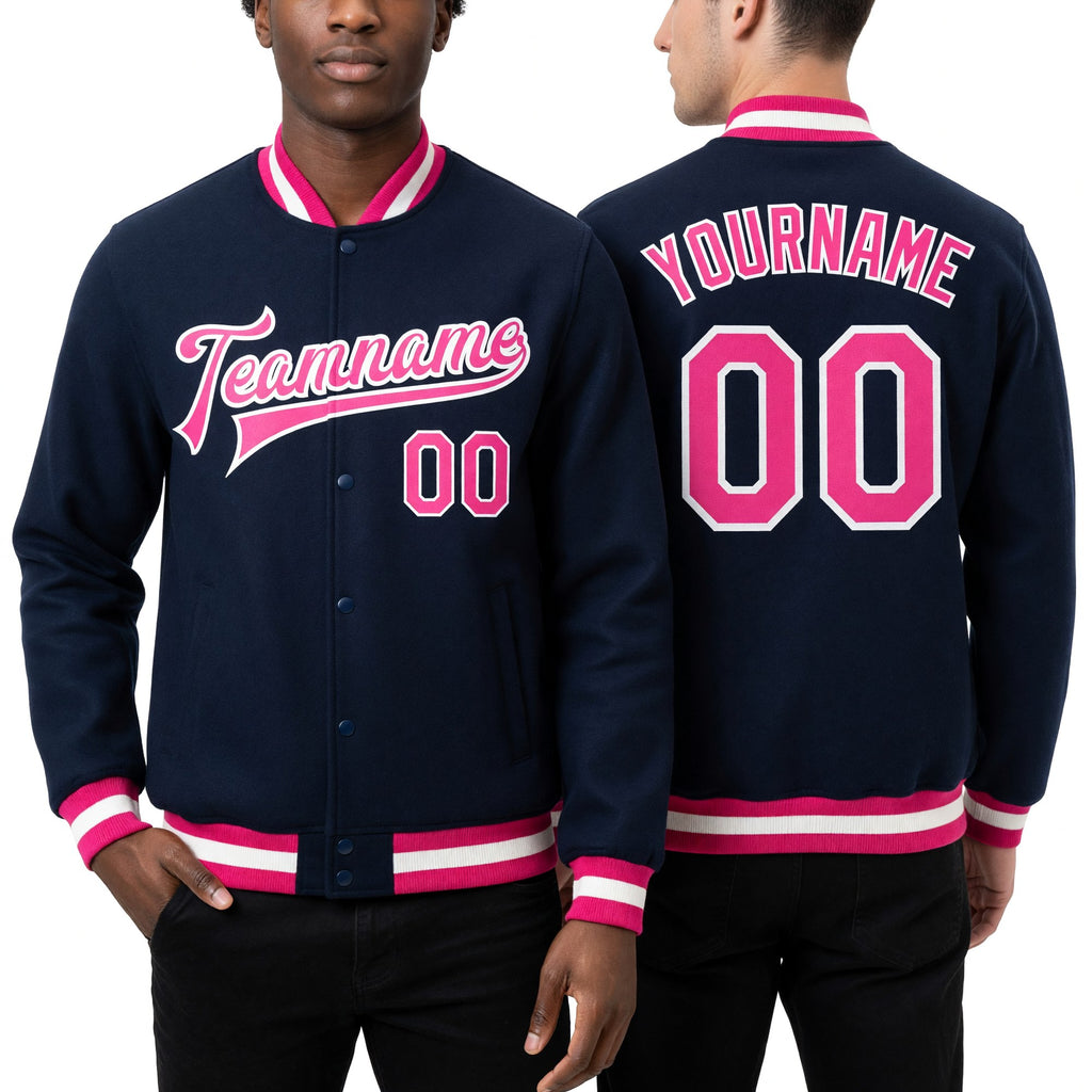 Custom Royal Pink-White Bomber Full-Snap Varsity Letterman Jacket worn front and back