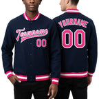 Custom Royal Pink-White Bomber Full-Snap Varsity Letterman Jacket worn front and back