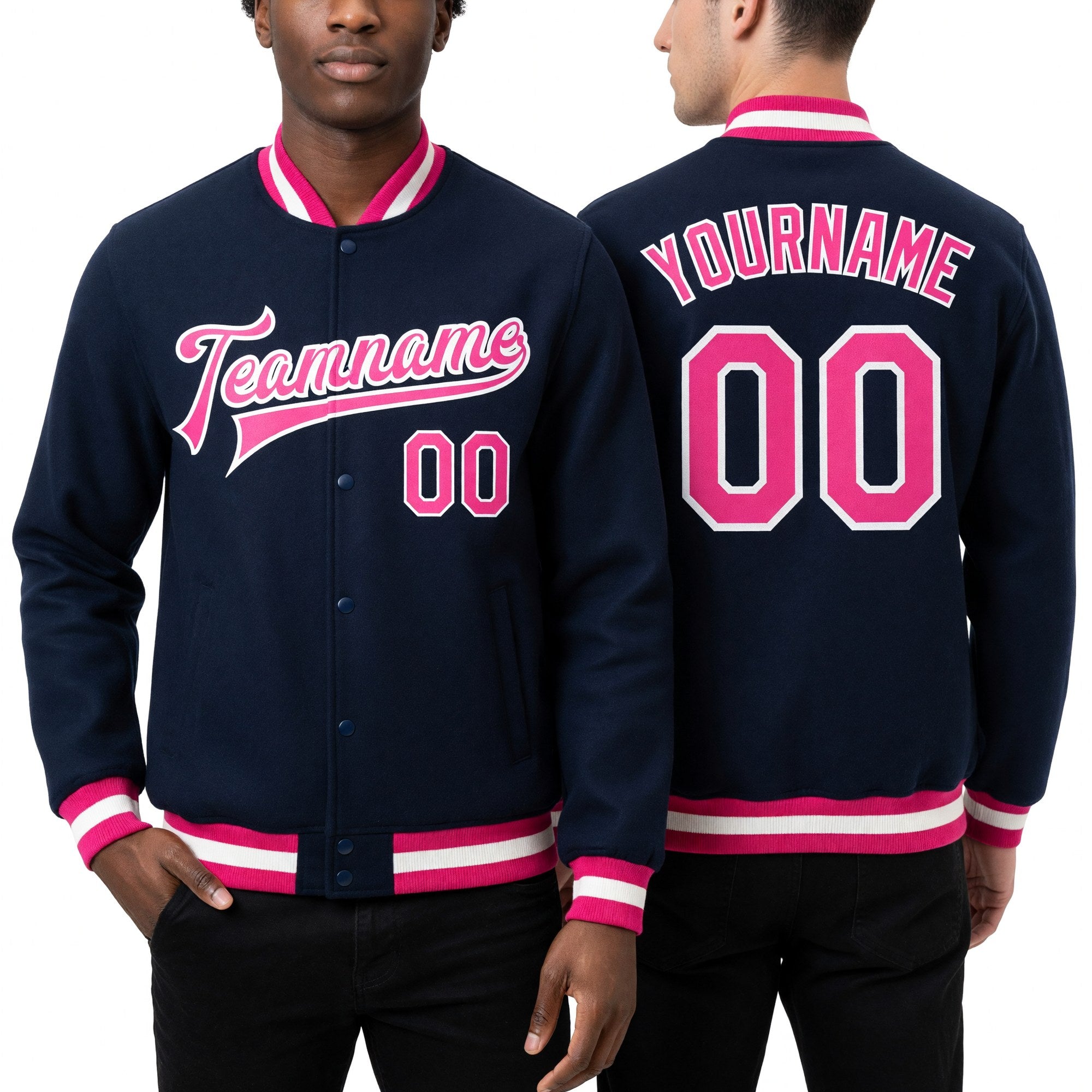 Custom Royal Pink-White Bomber Full-Snap Varsity Letterman Jacket worn front and back