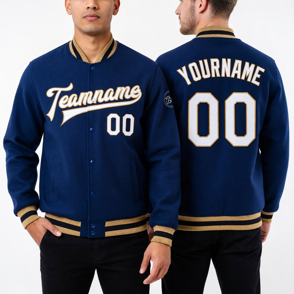 Custom Royal White Old Gold-Black Bomber Full-Snap Varsity Letterman Jacket worn front and back