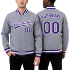 Custom Gray Purple-White Bomber Full-Snap Varsity Letterman Jacket worn front and back