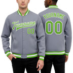 Custom Gray Neon Green-White Bomber Full-Snap Varsity Letterman Jacket worn front and back