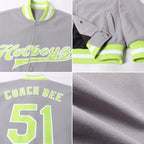 Custom Gray Neon Green-White Bomber Full-Snap Varsity Letterman Jacket photo 4