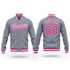 Custom Gray Pink-White Bomber Full-Snap Varsity Letterman Jacket
