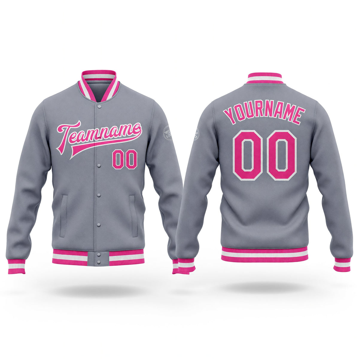 Custom Gray Pink-White Bomber Full-Snap Varsity Letterman Jacket