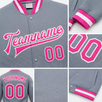 Custom Gray Pink-White Bomber Full-Snap Varsity Letterman Jacket detail