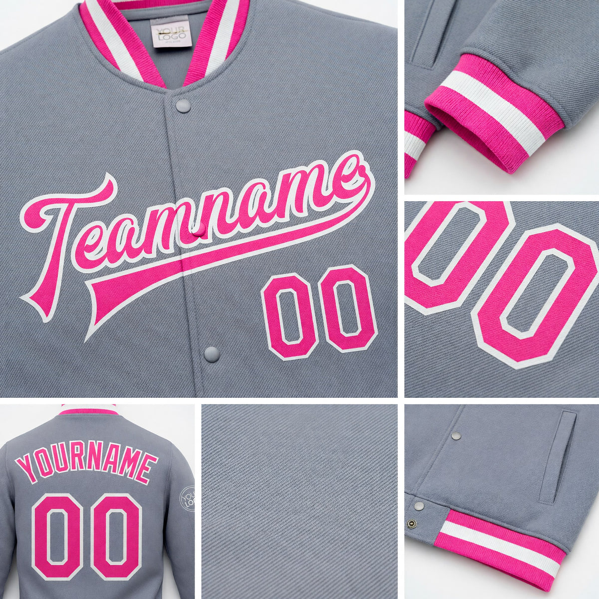 Custom Gray Pink-White Bomber Full-Snap Varsity Letterman Jacket detail
