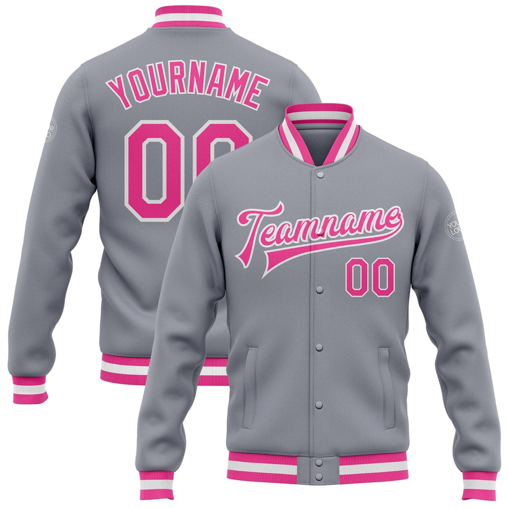 Custom Gray Pink-White Bomber Full-Snap Varsity Letterman Jacket photo 1