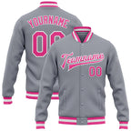 Custom Gray Pink-White Bomber Full-Snap Varsity Letterman Jacket photo 1