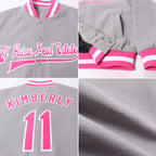 Custom Gray Pink-White Bomber Full-Snap Varsity Letterman Jacket photo 4