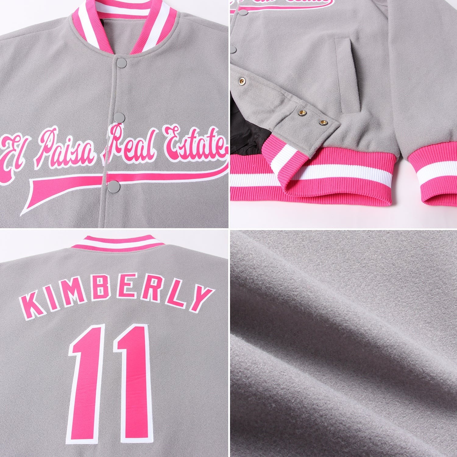 Custom Gray Pink-White Bomber Full-Snap Varsity Letterman Jacket photo 4