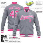 Custom Gray Pink-White Bomber Full-Snap Varsity Letterman Jacket photo 5