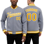 Custom Gray Gold-White Bomber Full-Snap Varsity Letterman Jacket worn front and back