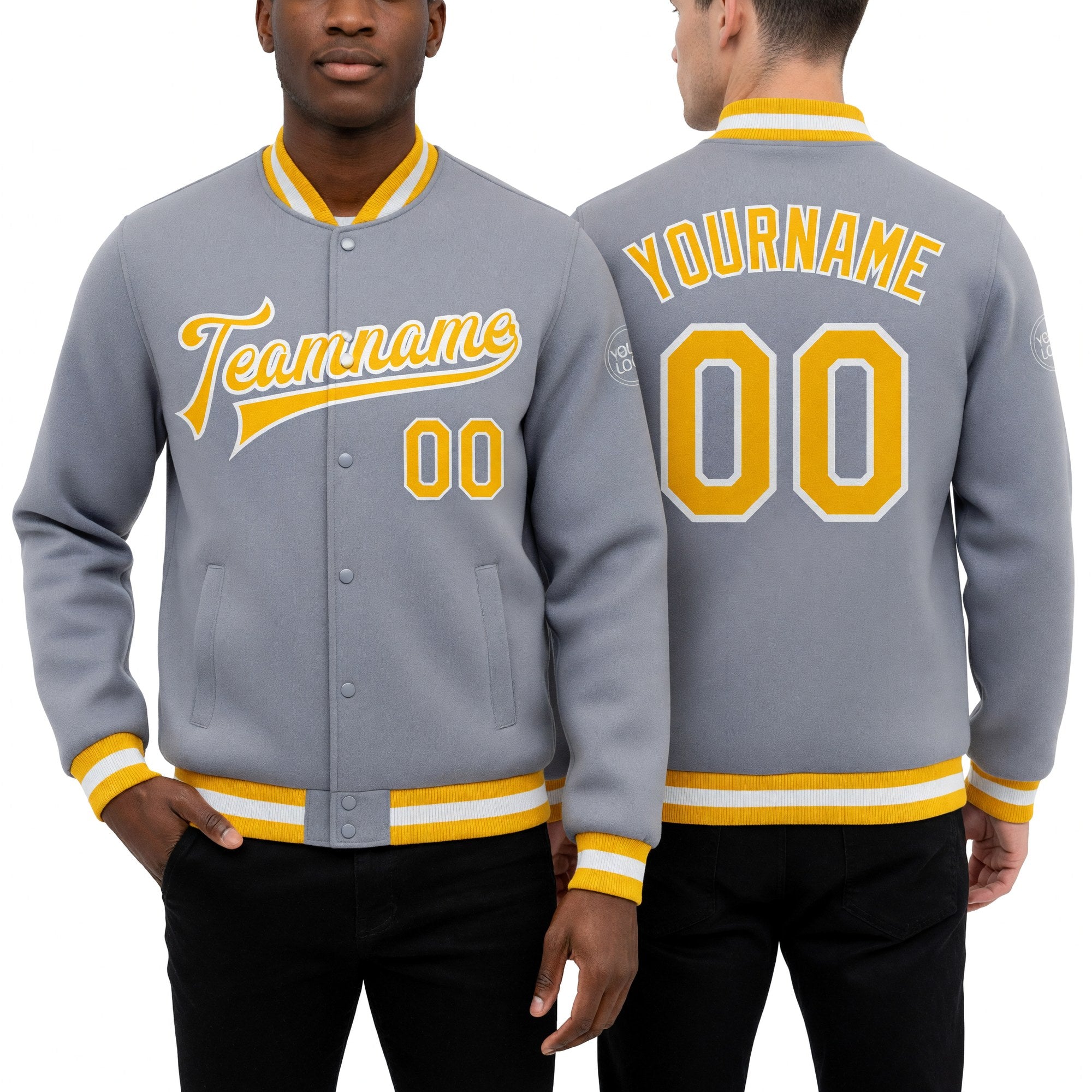 Custom Gray Gold-White Bomber Full-Snap Varsity Letterman Jacket worn front and back