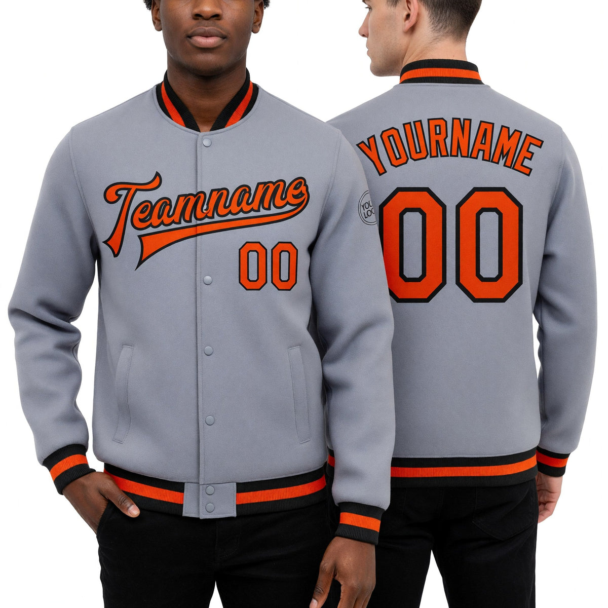 Custom Gray Orange-Black Bomber Full-Snap Varsity Letterman Jacket worn front and back